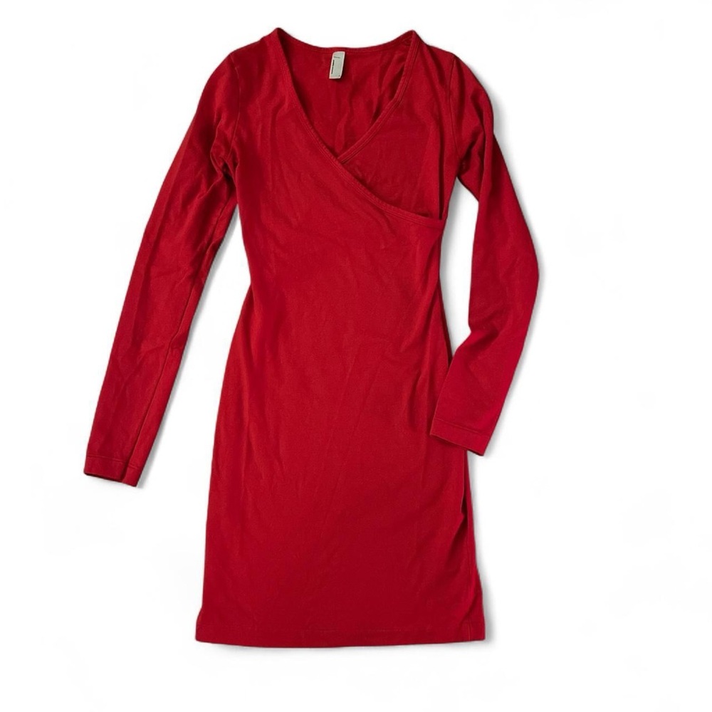 AMERICAN APPAREL • Cherry Red Cotton Spandex Bodycon Long Sleeve Mini Dress XS S